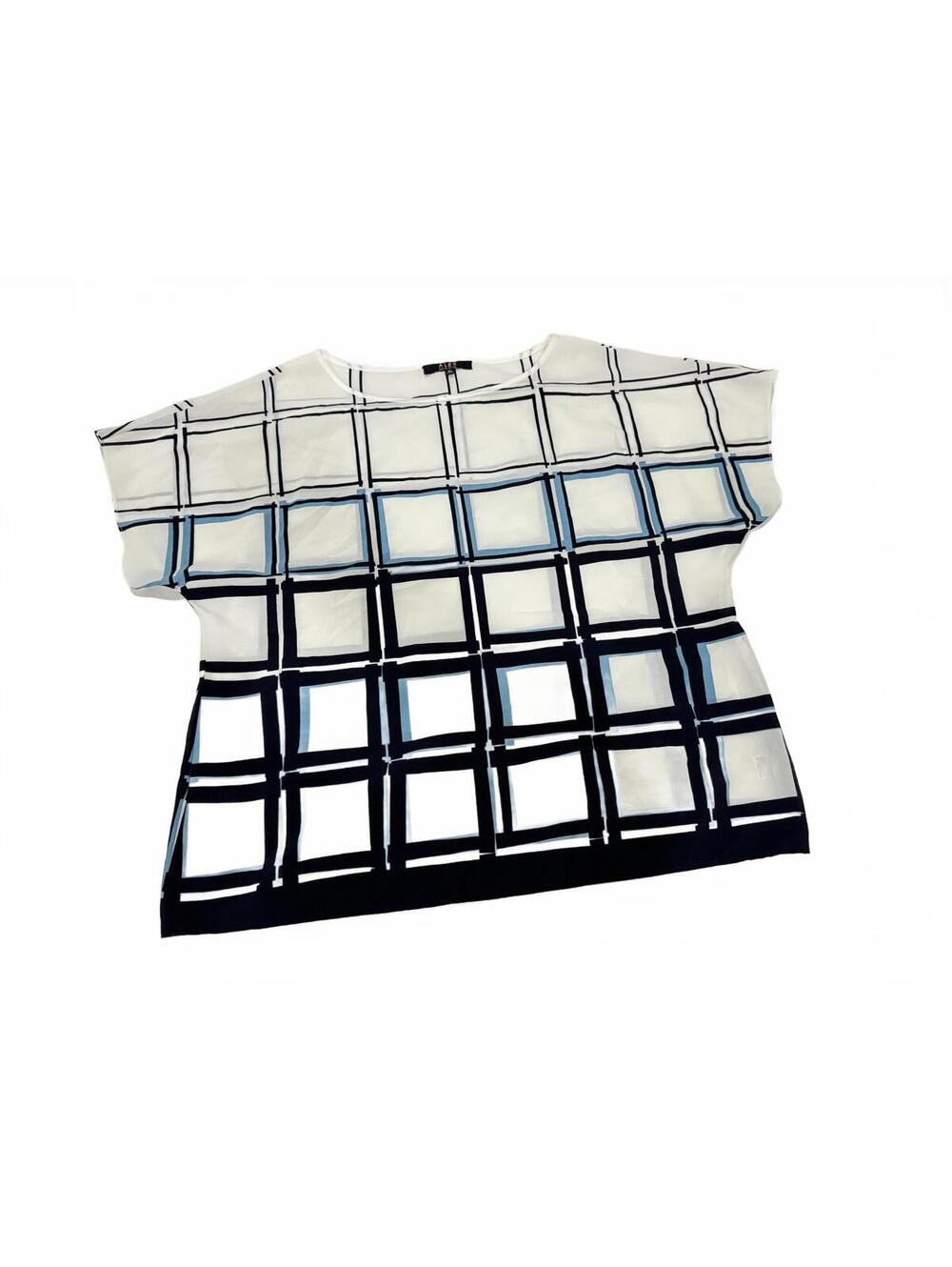 Alex Marie Windowpane Grid Plaid Business Casual Blouse Top Size XL White Blue - Picture 2 of 7